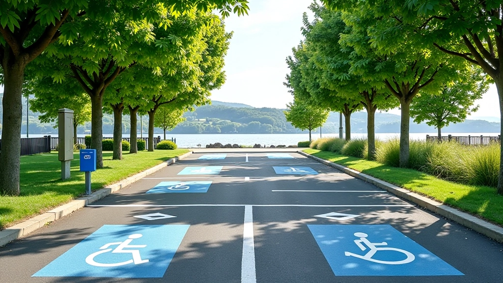 Spacious accessible parking space with wide markings and level ground leading to paved pathway