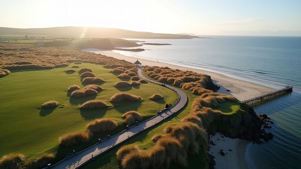 Aerial view of Bull Island's curved shoreline with parking area visible and causeway extending into the bay
