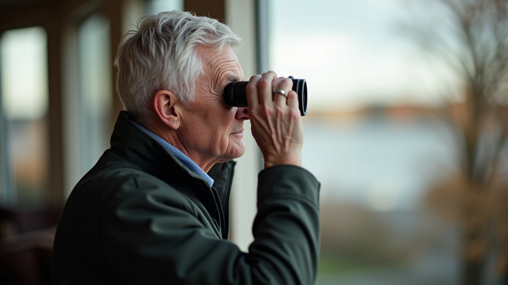 Person using binoculars inside wooden hide structure looking out through viewing window at water and birds