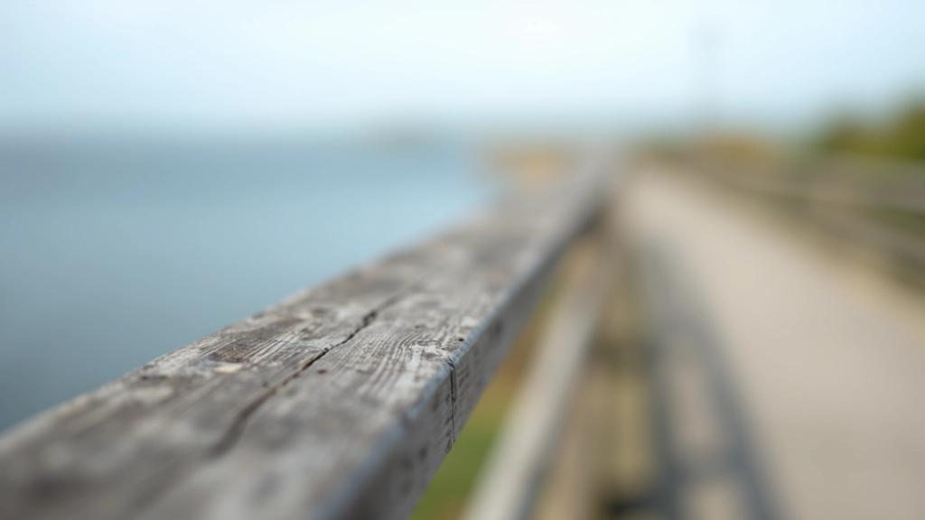 Close-up of wooden railing on nature path with water view beyond