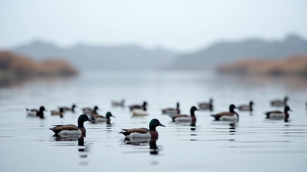 Large flock of diving ducks gathered on open water with winter marshland in background