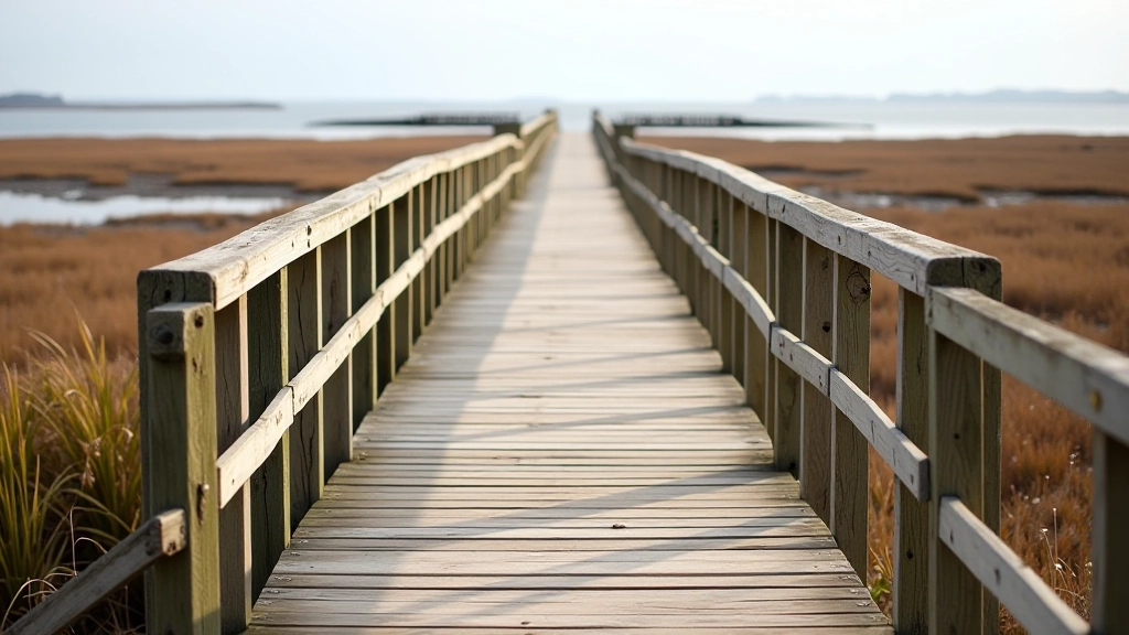 Paved wooden boardwalk with handrails stretching along wetland area with water and marsh plants