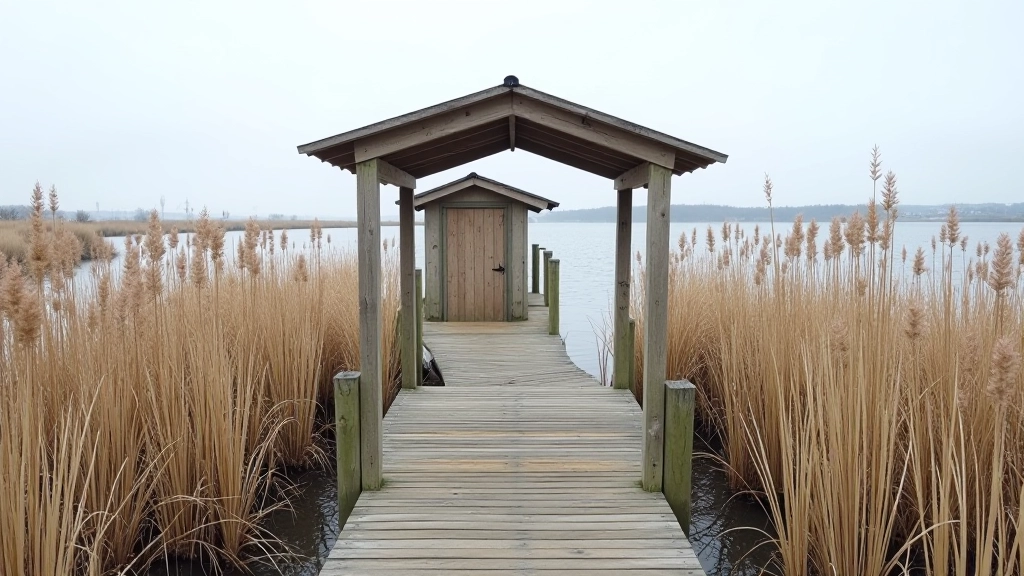 Bird hide structure nestled among reeds and grasses overlooking wetland