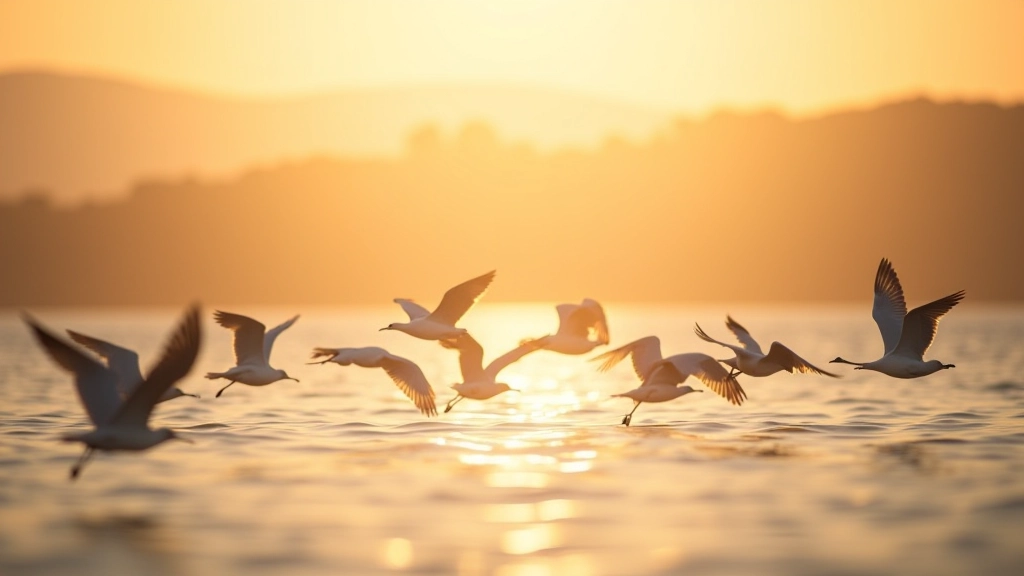 Birds in flight over water at sunset