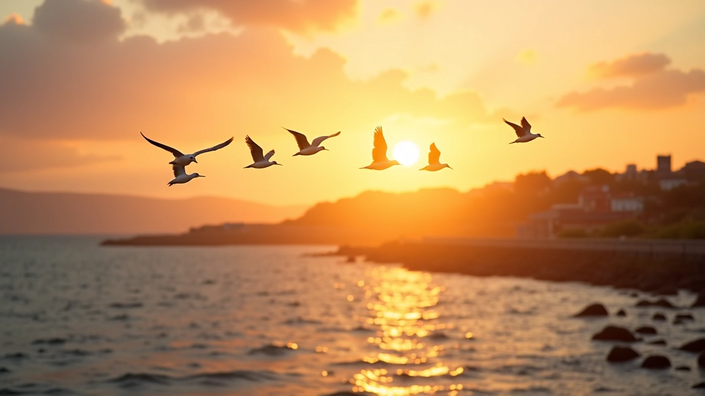 Flock of birds in flight over water during golden hour sunset, migratory birds in formation, coastal landscape
