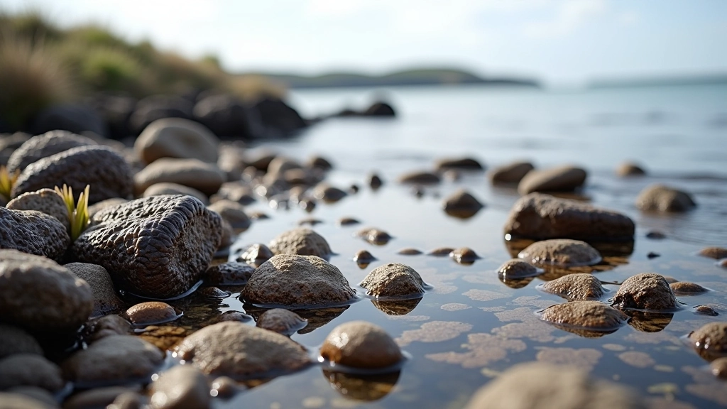 Low tide exposing rocky shore with barnacles, mussels, and sea anemones in tidal pools, overcast coastal lighting