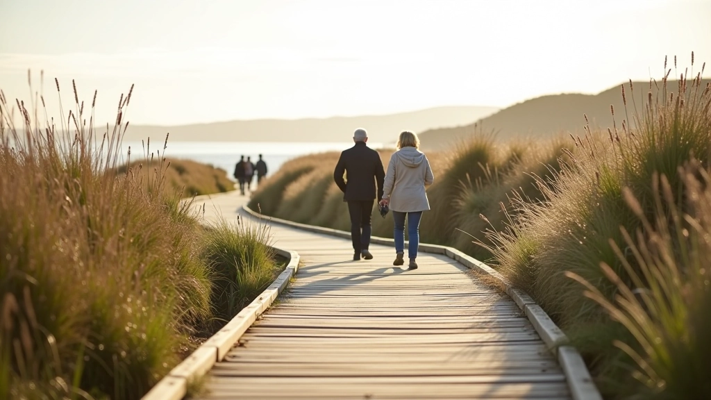 Wooden pathway through Bull Island estuary with natural surroundings and visitors walking