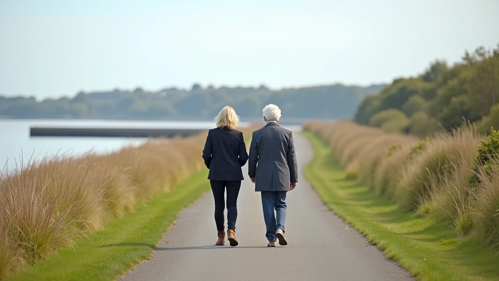 Elderly couple walking together on paved trail with estuary landscape in background