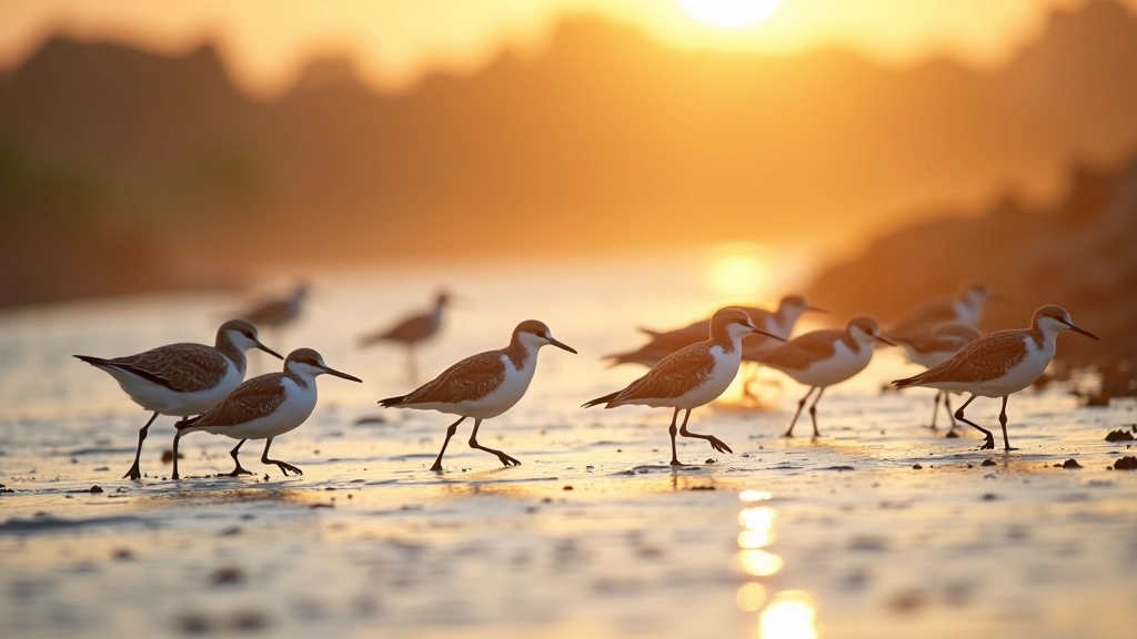 Wading birds including curlew and redshank probing mudflats in shallow estuary water at sunset
