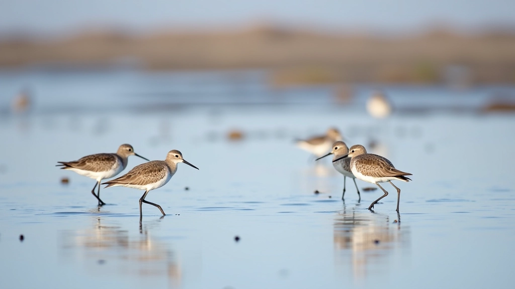 Wading birds (curlew, redshank, oystercatcher) feeding on mudflats at low tide, coastal habitat, natural morning light