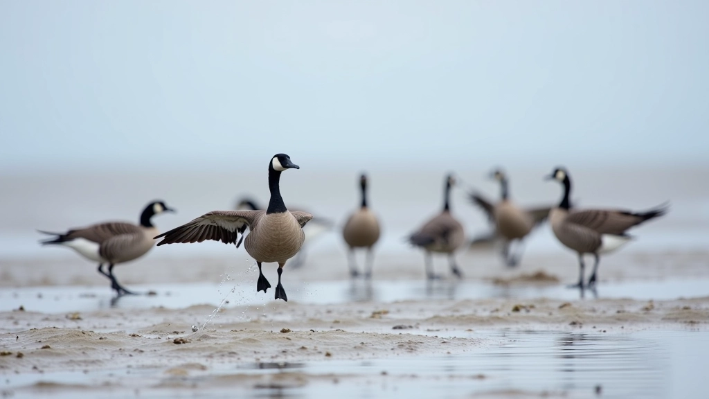 Flock of brent geese resting on mudflats with water in background during low tide