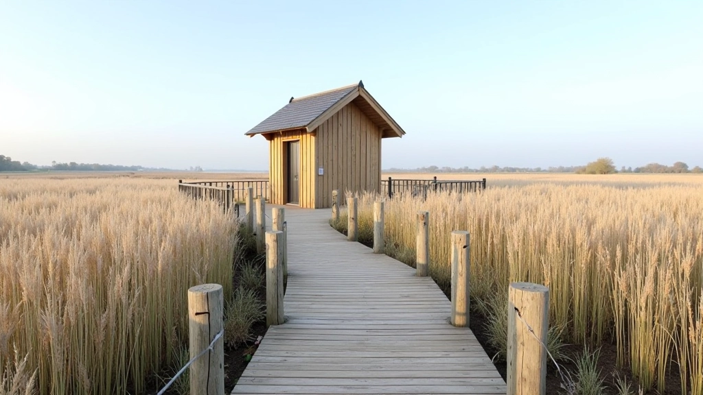 Wooden observation hide structure surrounded by reeds and saltmarsh vegetation with multiple viewing windows