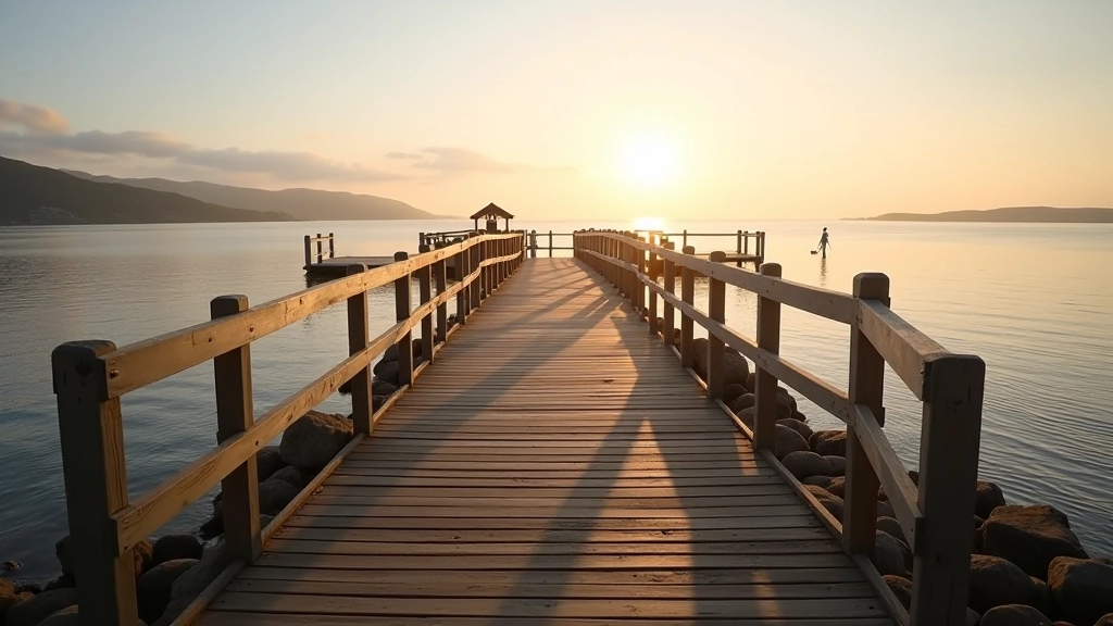 Wooden boardwalk extending over water with calm bay visible in morning light